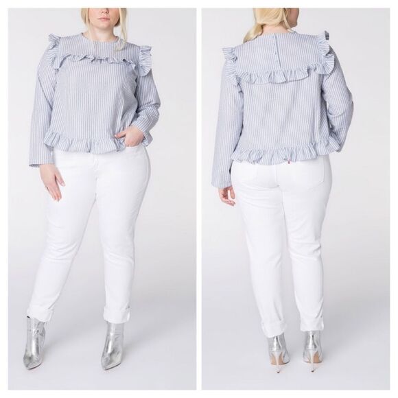 Lost Ink Blue/White Stripe Ruffle Blouse SzXL - Picture 1 of 12